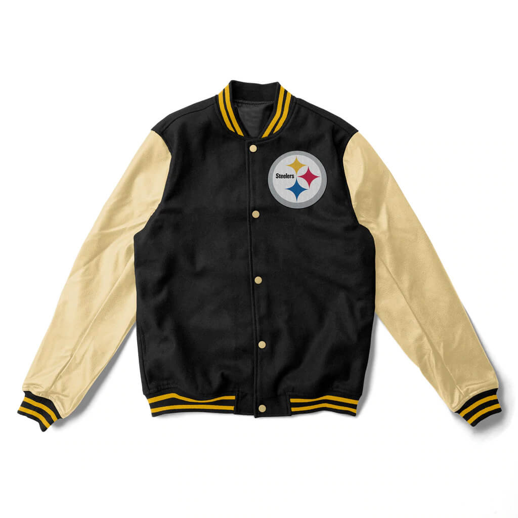 NFL Pittsburgh Steelers Black And Cream Varsity Jacket (1) NFL Pittsburgh Steelers Black And Cream Varsity Jacket