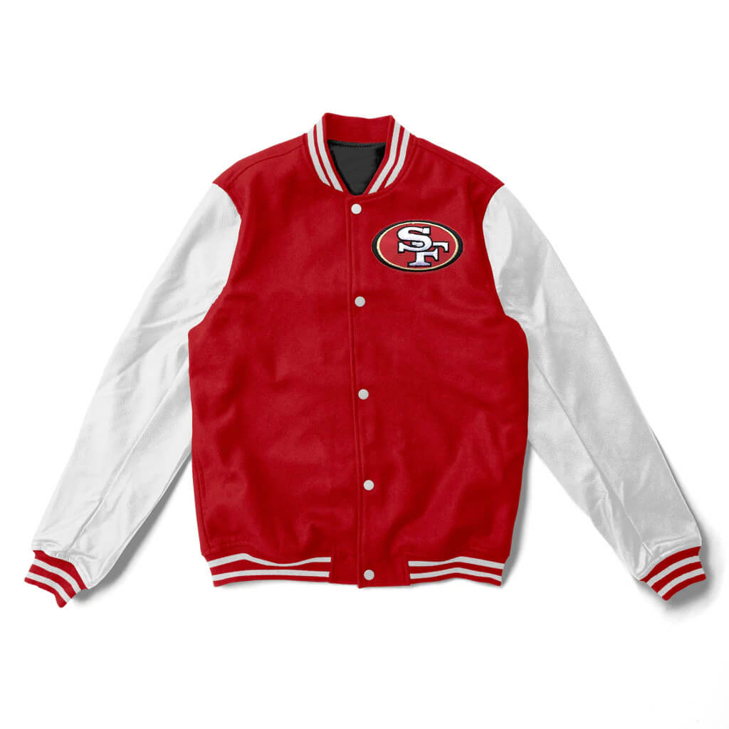 NFL San Francisco 49ers Red And White Varsity Jacket (1) NFL San Francisco 49ers Red And White Varsity Jacket