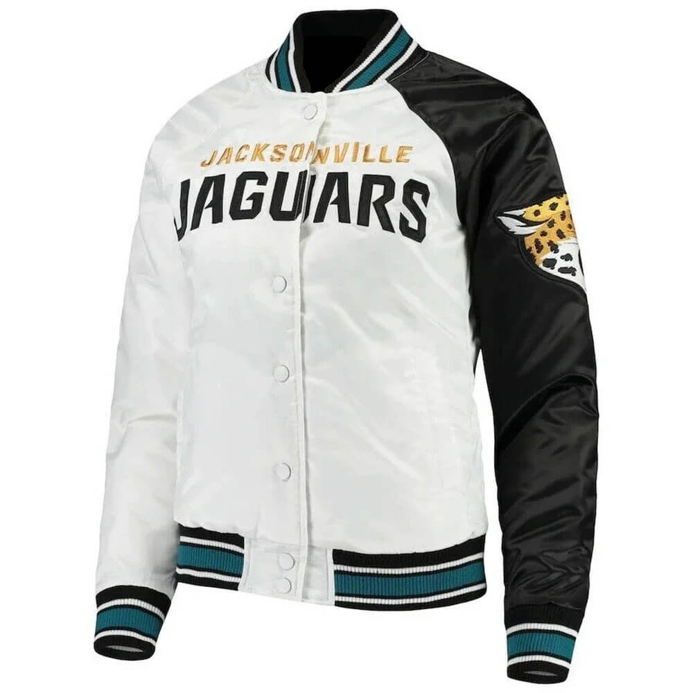 NFL Jacksonville Jaguars White Black Satin Jacket(1) NFL Jacksonville Jaguars White Black Satin Jacket