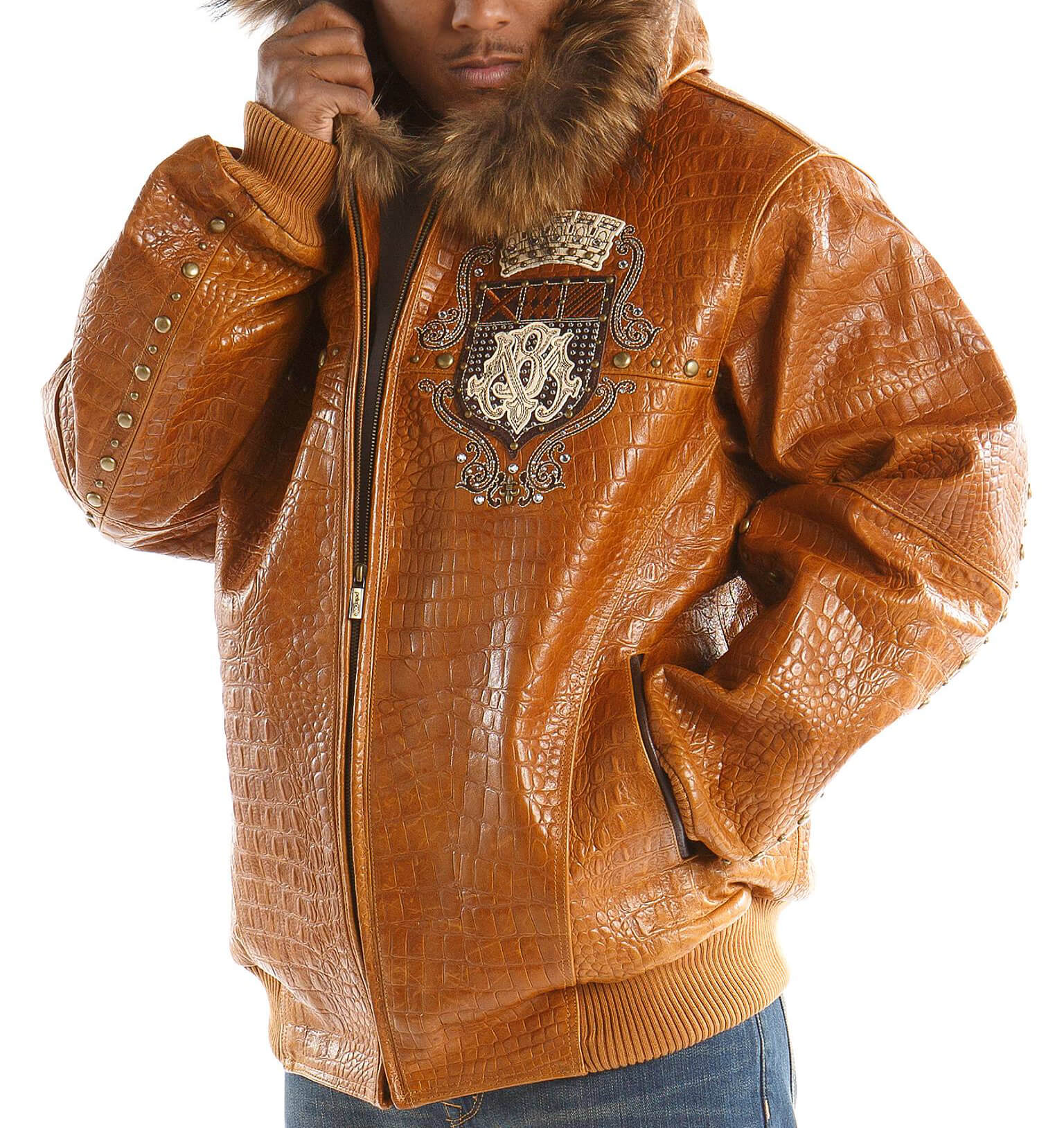 Pelle Pelle Brown MB Emblem Hooded Studded Jacket Maker of Jacket