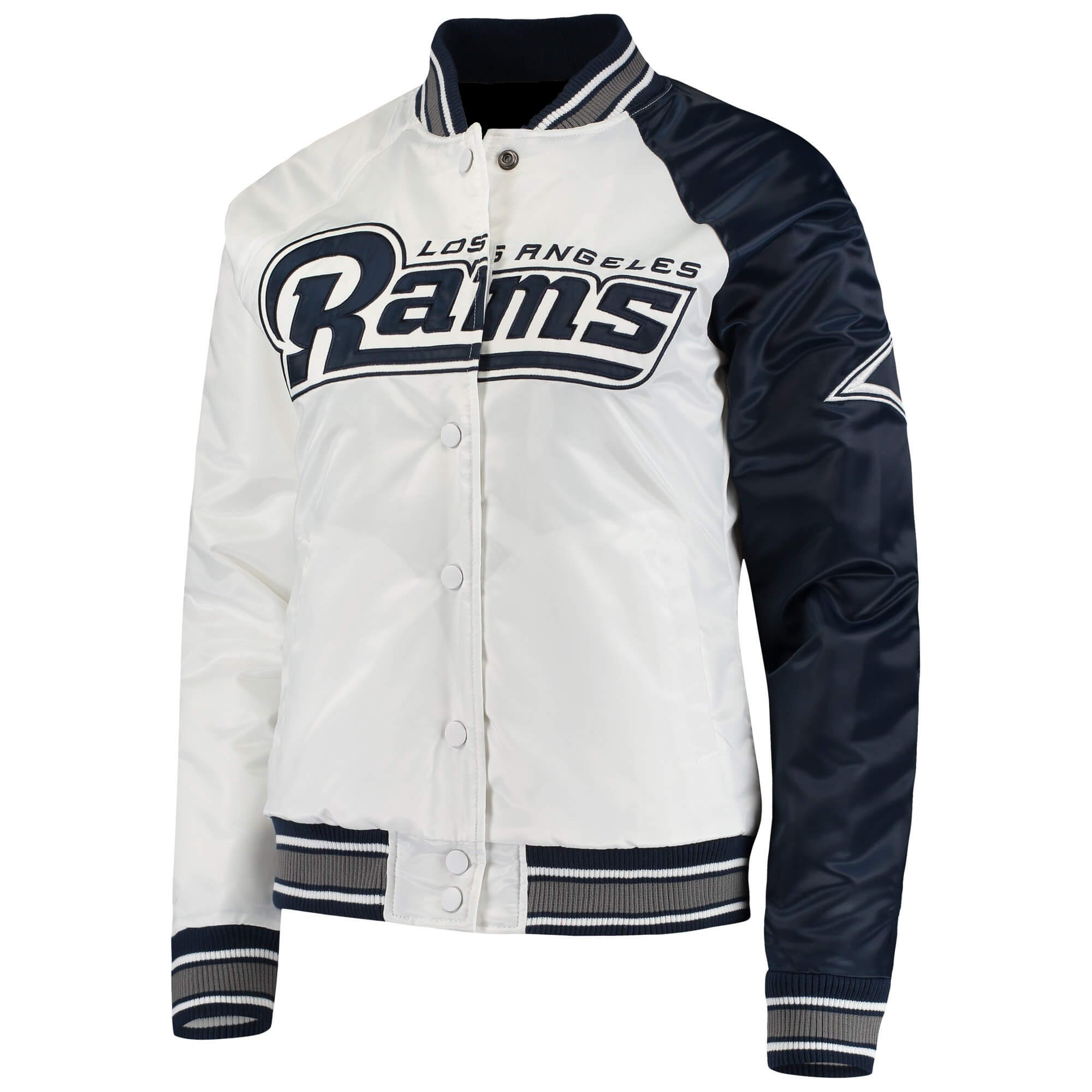 White Navy Los Angeles Rams NFL Satin Jacket (1) White Navy Los Angeles Rams NFL Satin Jacket