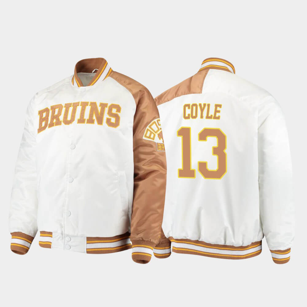 Boston Bruins Charlie Coyle 13 White Satin Jacket Boston Bruins Charlie Coyle 13 White Satin Jacket