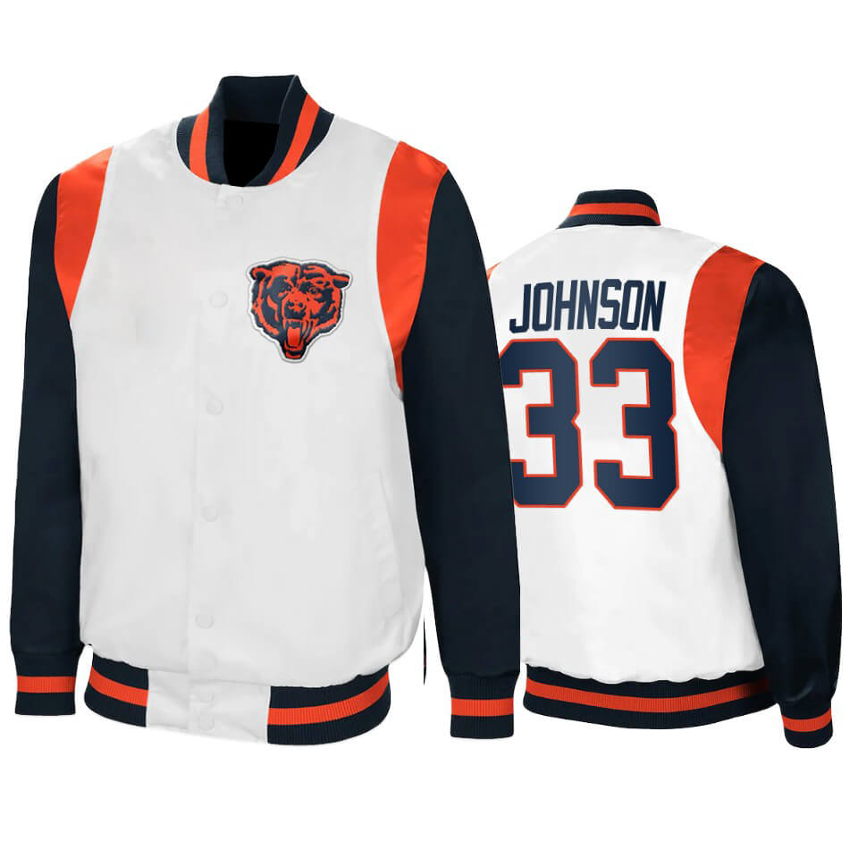 Jaylon Johnson Chicago Bears White Navy Satin Jacket Jaylon Johnson Chicago Bears White Navy Satin Jacket
