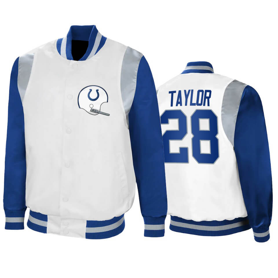 Jonathan Taylor Indianapolis Colts White Royal Satin Jacket Jonathan Taylor Indianapolis Colts White Royal Satin Jacket