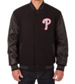 MLB Philadelphia Phillies Black Wool Leather Jacket