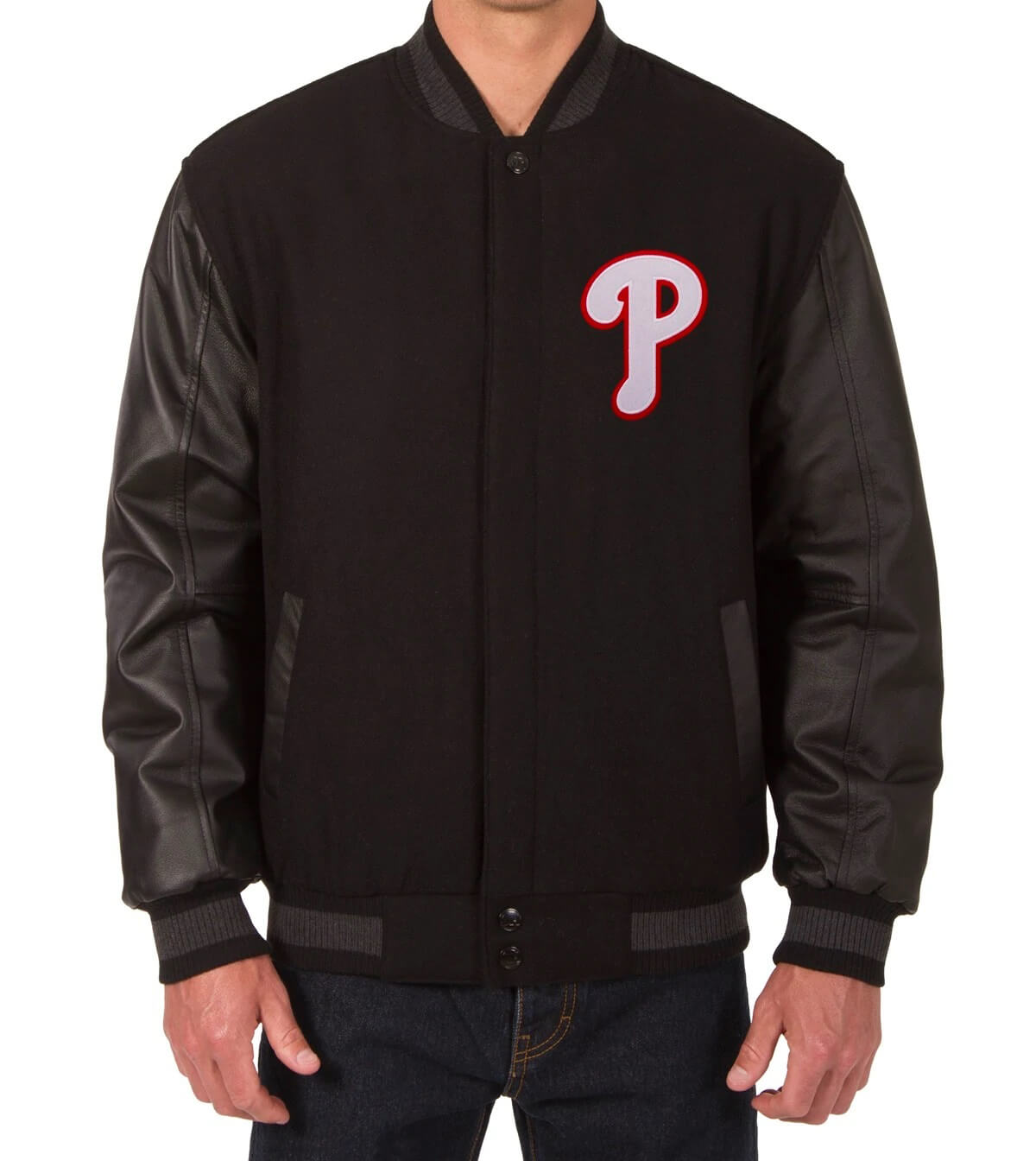 MLB Philadelphia Phillies Black Wool Leather Jacket (2) MLB Philadelphia Phillies Black Wool Leather Jacket