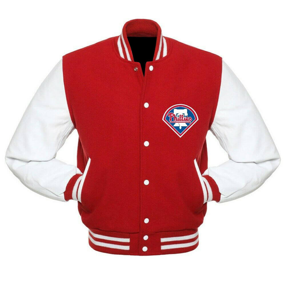 MLB Philadelphia Phillies Red White Varsity Jacket (1) MLB Philadelphia Phillies Red White Varsity Jacket