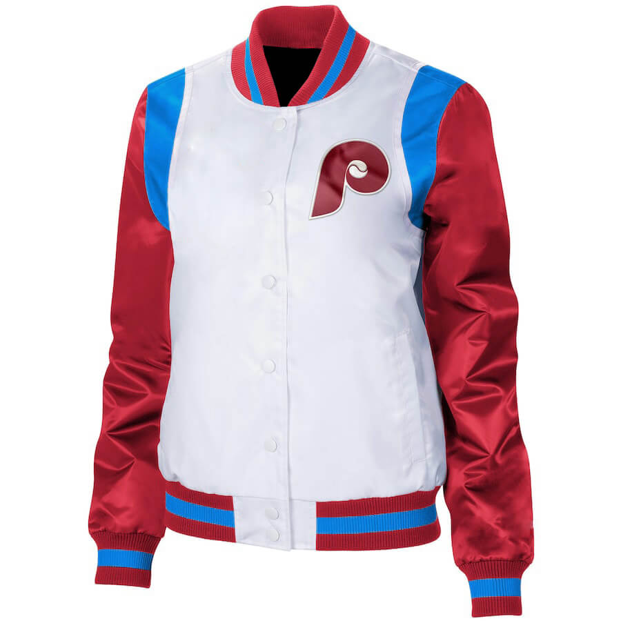 MLB White Red Philadelphia Phillies Satin Jacket (1) MLB White Red Philadelphia Phillies Satin Jacket