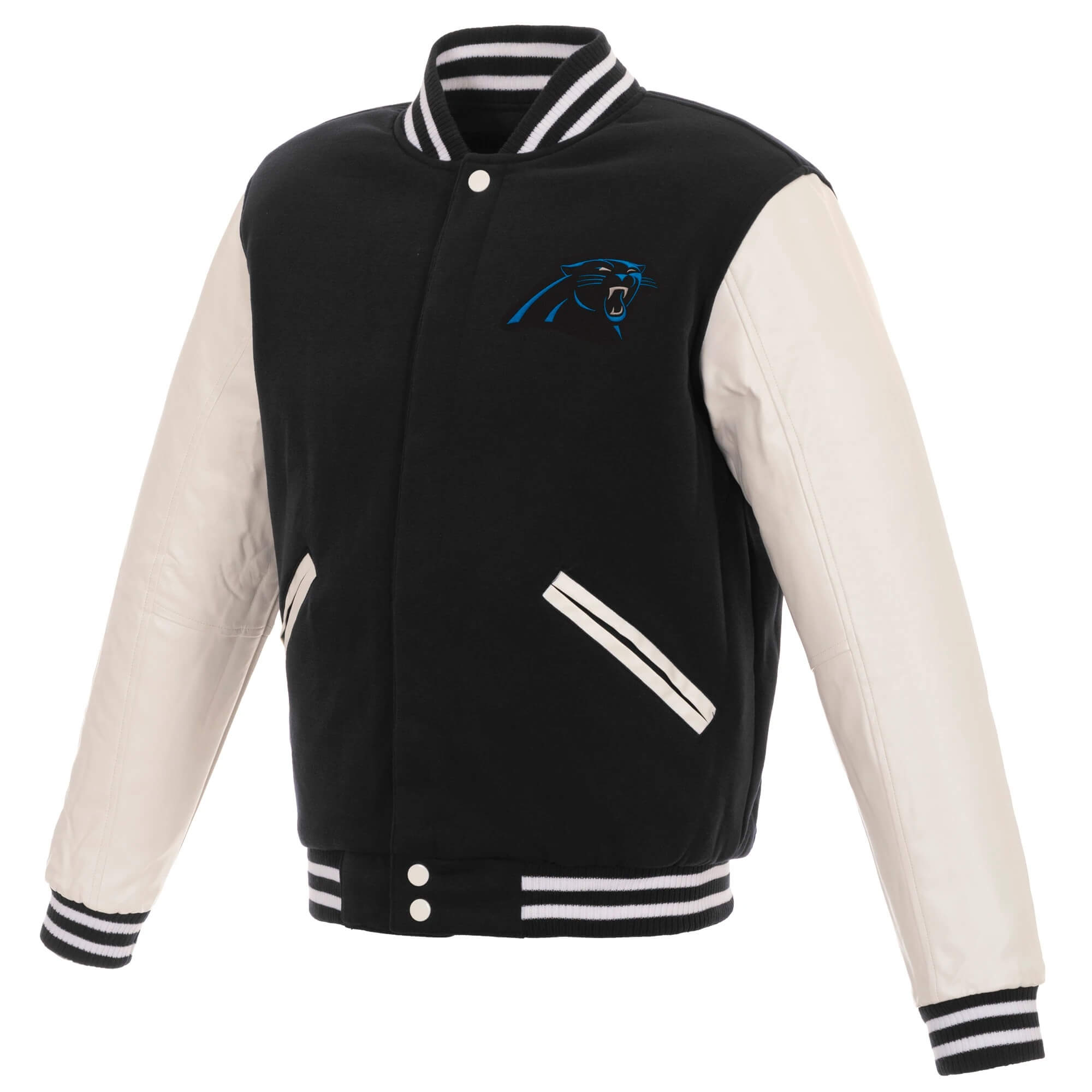 NFL Carolina Panthers Black And White Varsity Jacket (1) NFL Carolina Panthers Black And White Varsity Jacket