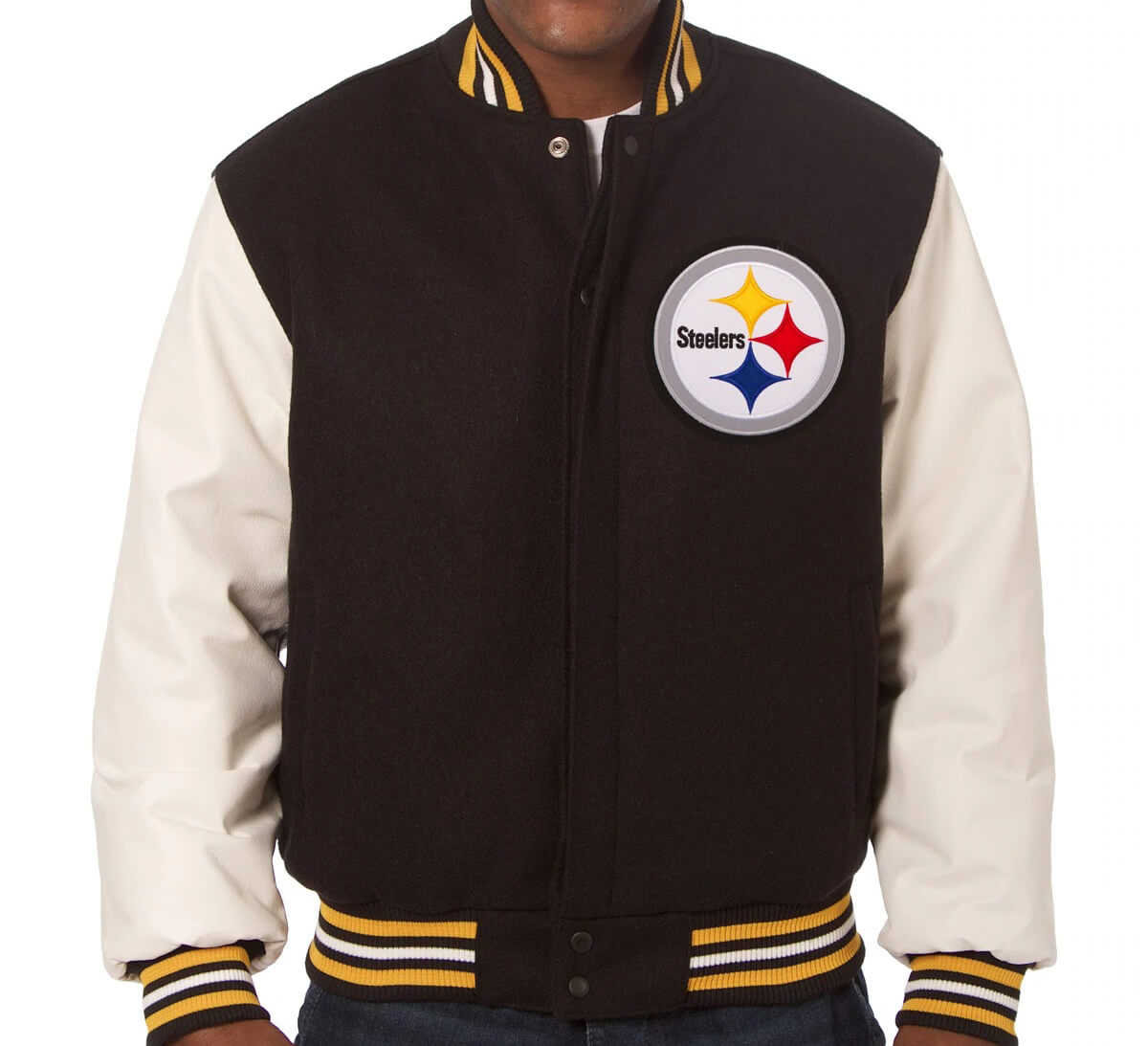 NFL Pittsburgh Steelers Brown And White Varsity Jacket (1) NFL Pittsburgh Steelers Brown And White Varsity Jacket