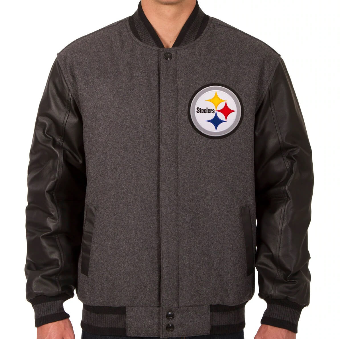 NFL Pittsburgh Steelers Gray And Black Varsity Jacket (1) NFL Pittsburgh Steelers Gray And Black Varsity Jacket