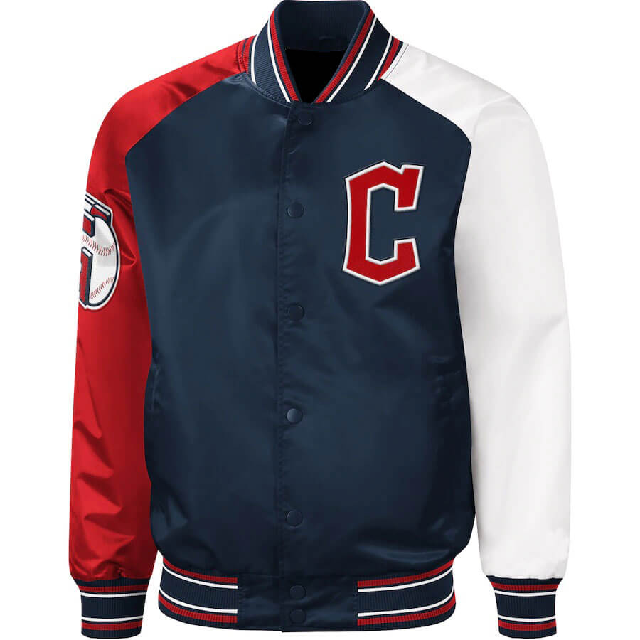 Navy Red MLB Cleveland Guardians Reliever Satin Jacket (1) Navy Red MLB Cleveland Guardians Reliever Satin Jacket