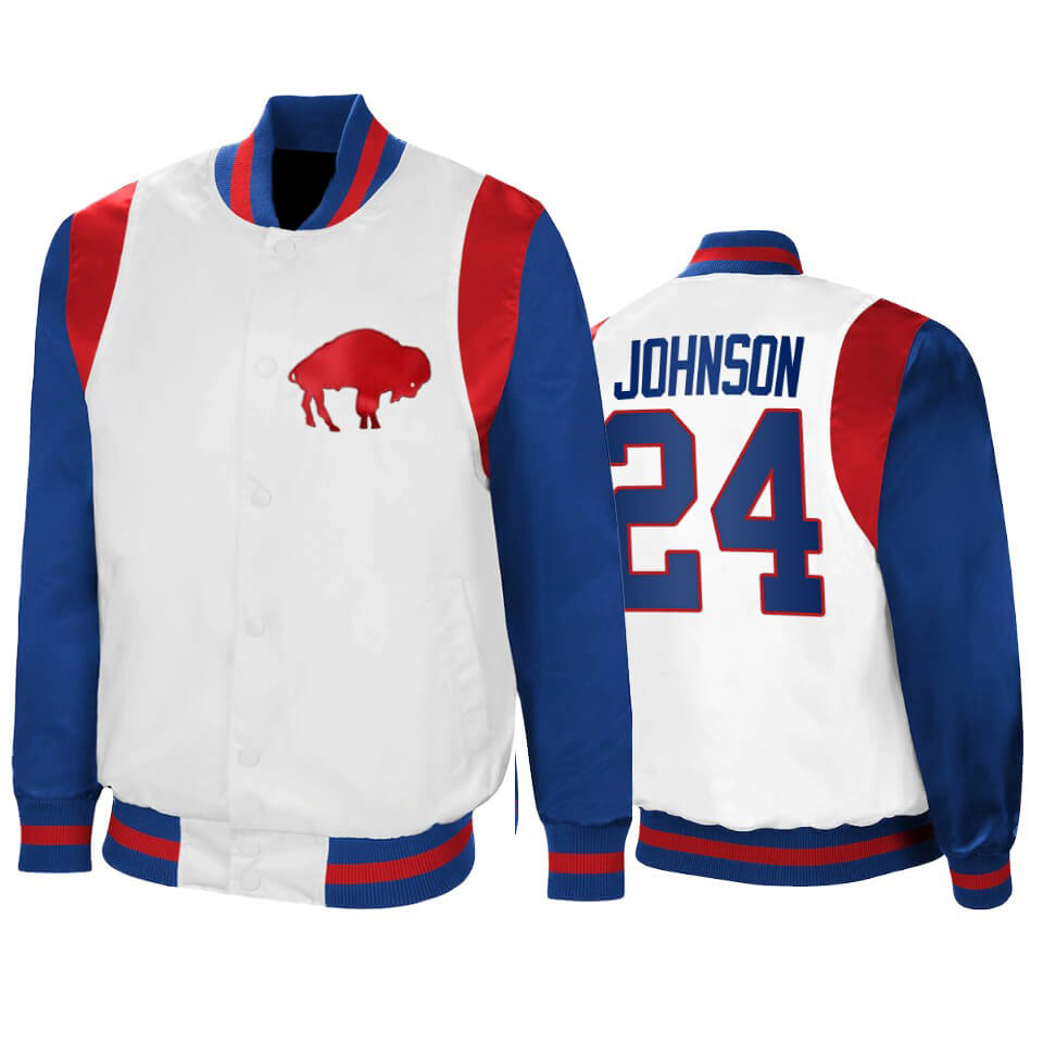 Taron Johnson Buffalo Bills NFL White Satin Jacket Taron Johnson Buffalo Bills NFL White Satin Jacket