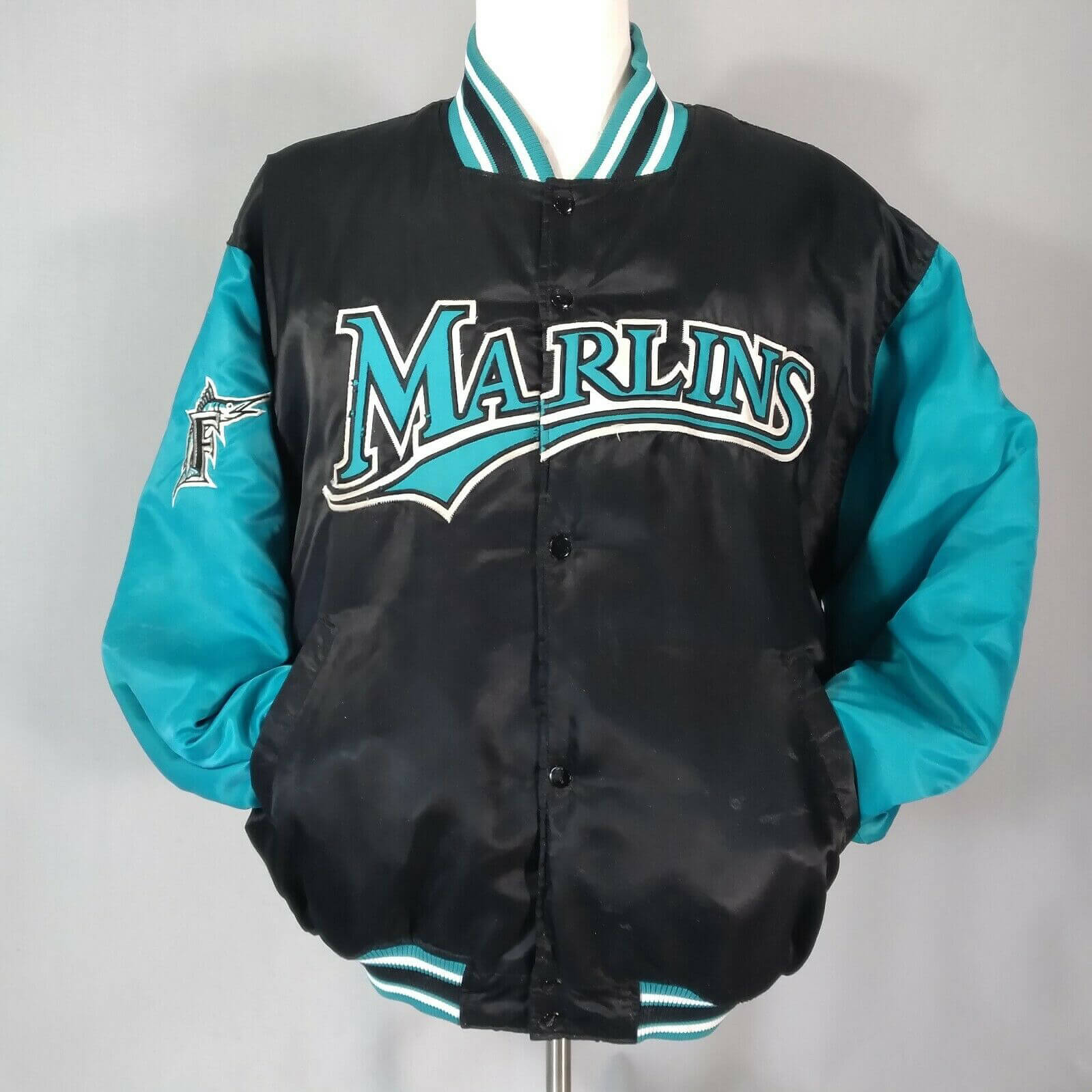 Vintage MLB Miami Marlins Black Satin Jacket (1) Vintage MLB Miami Marlins Black Satin Jacket