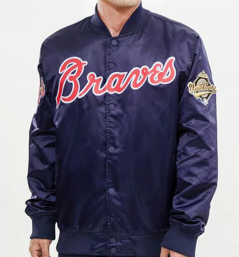 Atlanta Braves Big Logo World Series Navy Satin Jacket (1) Atlanta Braves Big Logo World Series Navy Satin Jacket