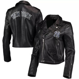 Black New York Yankees Moto Full Zip Leather Jacket
