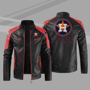 Black Red MLB Houston Astros Block Leather Jacket