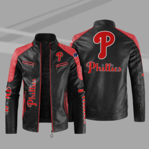 Black Red Philadelphia Phillies Block Leather Jacket