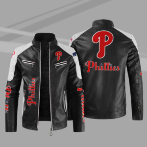 Black White Philadelphia Phillies Block Leather Jacket
