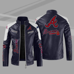 Blue White Atlanta Braves Block Leather Jacket