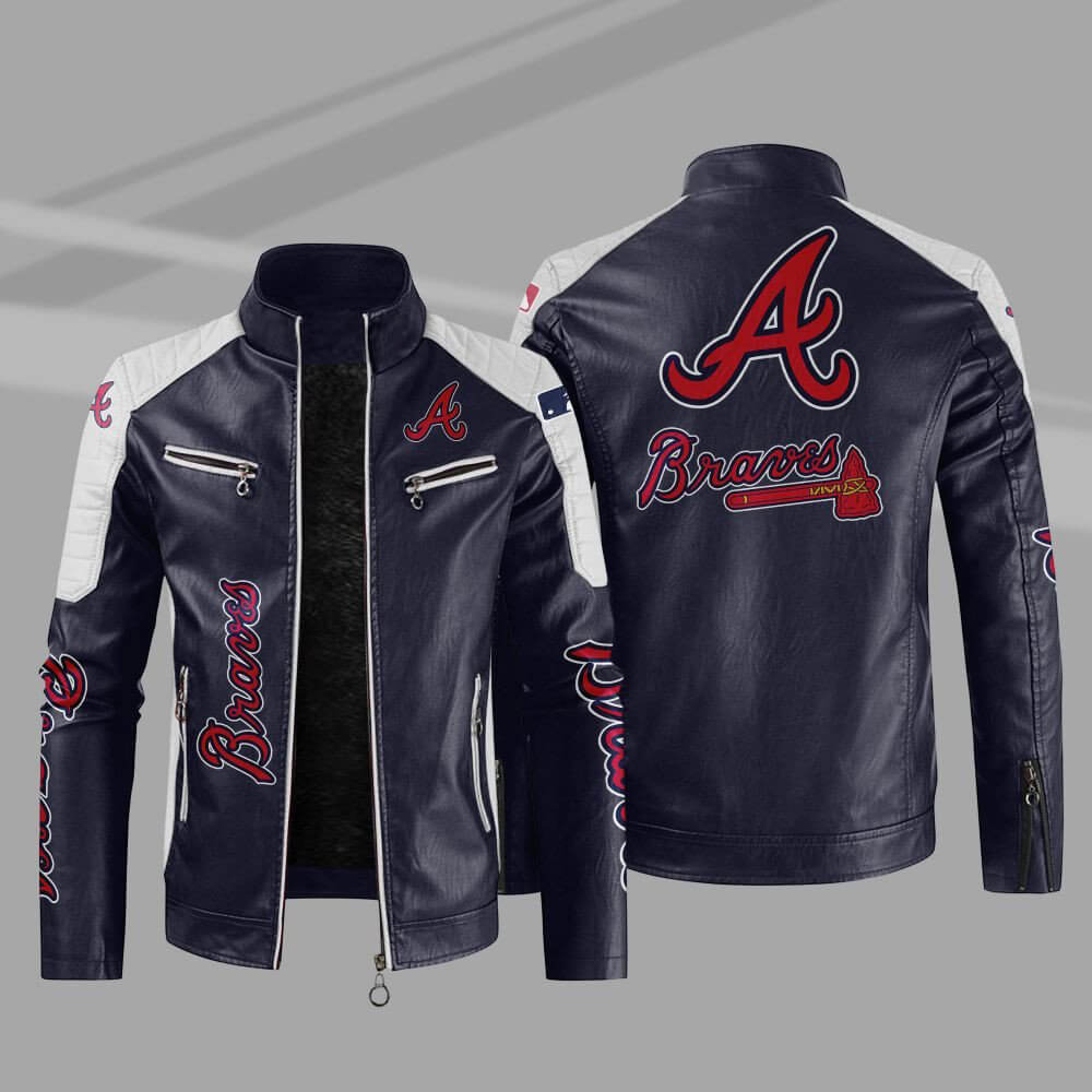 Blue White Atlanta Braves Block Leather Jacket (1) Blue White Atlanta Braves Block Leather Jacket