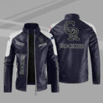Blue White Colorado Rockies Block Leather Jacket