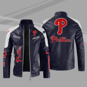 Blue White Philadelphia Phillies Block Leather Jacket