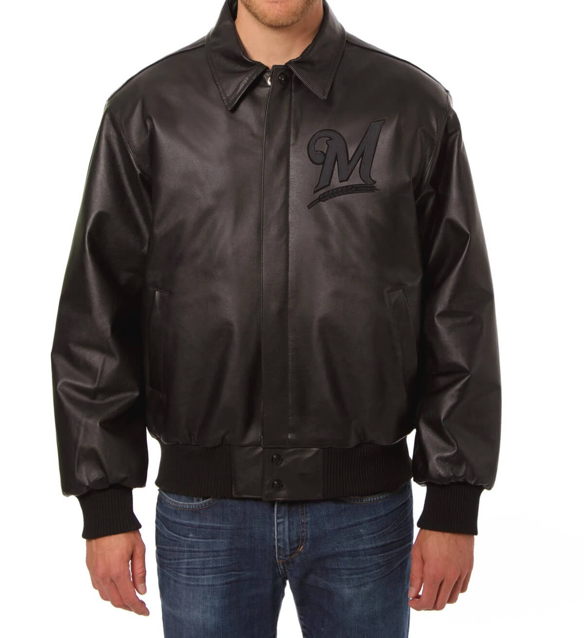 MLB Milwaukee Brewers Black Snap Leather Jacket (2) MLB Milwaukee Brewers Black Snap Leather Jacket