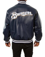 MLB Milwaukee Brewers Navy Snap Leather Jacket