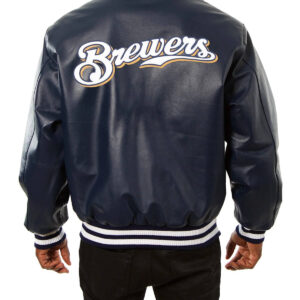 MLB Milwaukee Brewers Navy Snap Leather Jacket