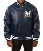 MLB Milwaukee Brewers Navy Snap Leather Jacket