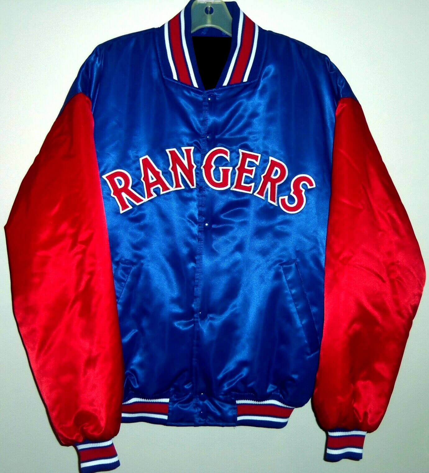 Maker of Jacket Sports Leagues Jackets MLB Texas Rangers Royal Blue and Red Satin