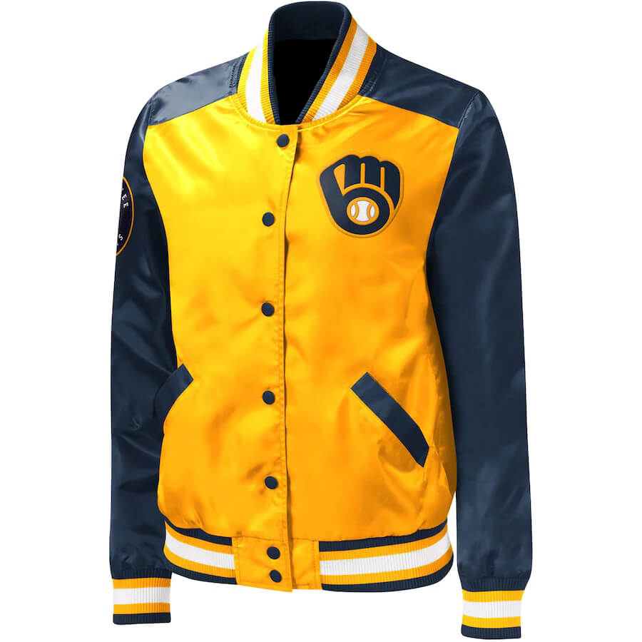 Milwaukee Brewers Gold Legend Snap Satin Jacket (1) Milwaukee Brewers Gold Legend Snap Satin Jacket