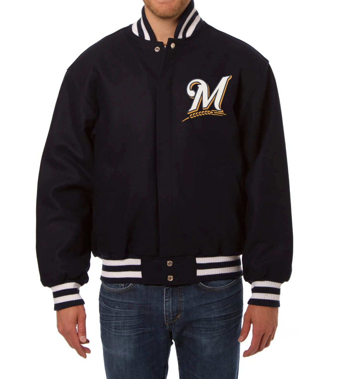 Milwaukee Brewers MLB Navy Snap Wool Jacket (2) Milwaukee Brewers MLB Navy Snap Wool Jacket