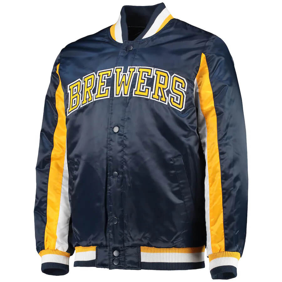 Navy Milwaukee Brewers Ace Snap Satin Jacket (1) Navy Milwaukee Brewers Ace Snap Satin Jacket