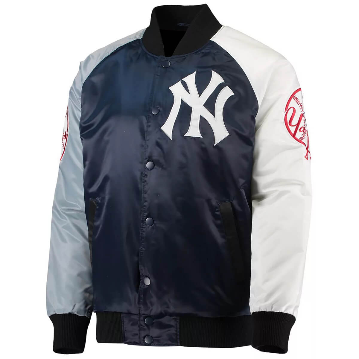 New York Yankees Tri Color Full Snap Satin Jacket (1) New York Yankees Tri Color Full Snap Satin Jacket