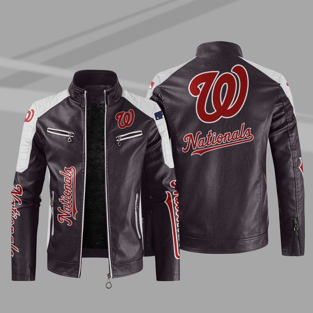 Washington Nationals Block Brown White Leather Jacket Washington Nationals Block Brown White Leather Jacket