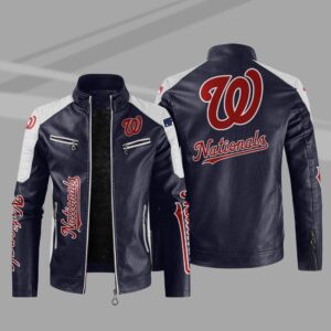 Washington Nationals Block Purple White Leather Jacket