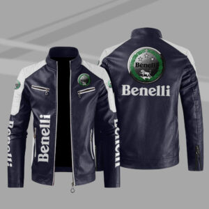 Benelli Car Motor Block Blue White Leather Jacket