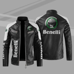 Benelli Car Motor Block White Black Leather Jacket