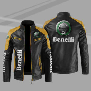 Benelli Car Motor Block Yellow Black Leather Jacket
