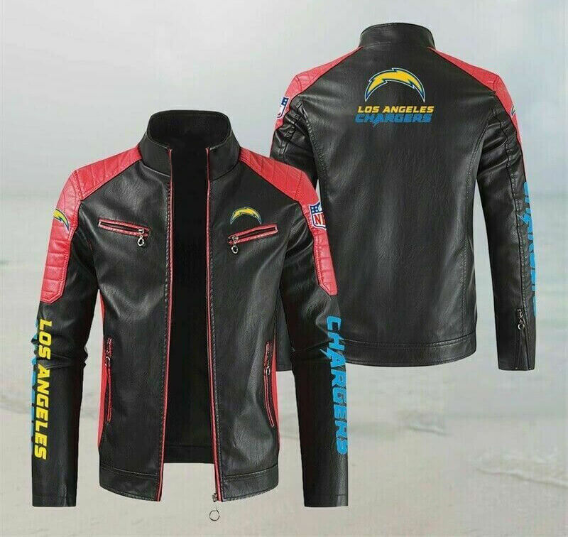 Black Red Los Angeles Chargers Block Leather Jacket (1) Black Red Los Angeles Chargers Block Leather Jacket