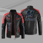 Black Red Miami Marlins Block Leather Jacket