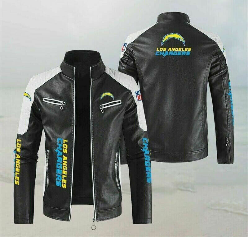 Black White Los Angeles Chargers Block Leather Jacket (1) Black White Los Angeles Chargers Block Leather Jacket