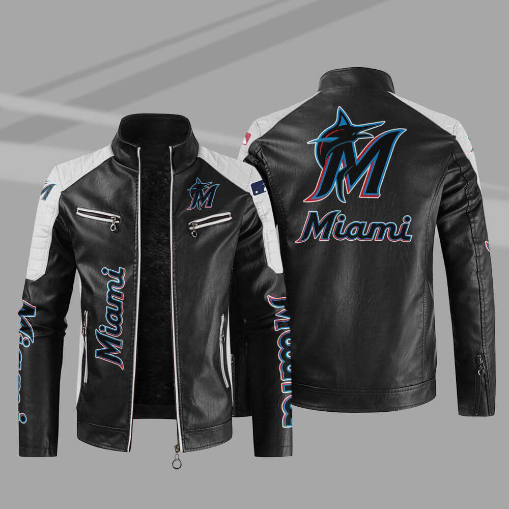 Black White Miami Marlins Block Leather Jacket (1) Black White Miami Marlins Block Leather Jacket