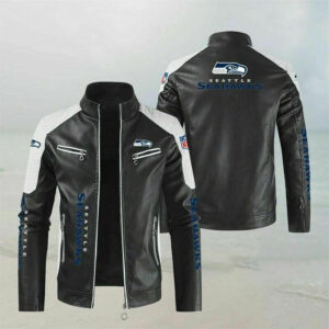 Black White Seattle Seahawks Block Leather Jacket