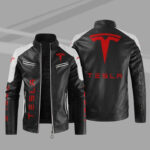 Black White Tesla Block Leather Jacket