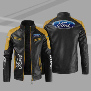 Black Yellow Ford Block Leather Jacket