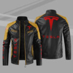 Black Yellow Tesla Block Leather Jacket