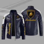 Blue White Lamborghini Block Leather Jacket